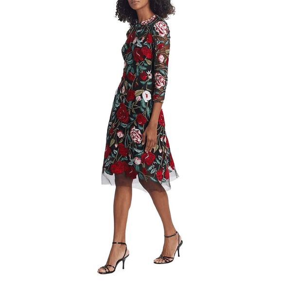 NWT TERI JON Floral-embroidered Illusion Midi-dress In Black Multi US18 $650 - Picture 2 of 11
